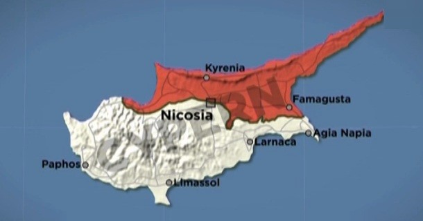 Karta över det delade Cypern i dokumentären "Cypern det delade paradiset" i TV4 Play