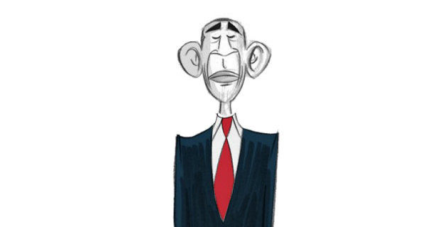 Karikatyr av Obama i "Skarpa streck - satirteckningens historia" i UR Play
