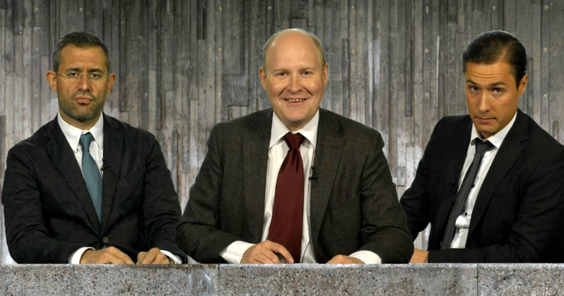 Aron Flam, David Druid och Henrik Dorsin i humorserien "Folkets främsta företrädare" i SVT Play