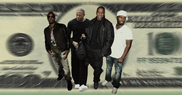 50 Cent, Dr. Dre, Jay-Z och Diddy i dokumentären "Hiphopens dollarmaskin" i UR Play
