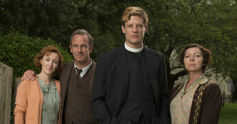 Kacey Ainsworth, Robson Green, James Norton and Tessa Peake-Jones i kriminalserien Grantchester i TV8 Play
