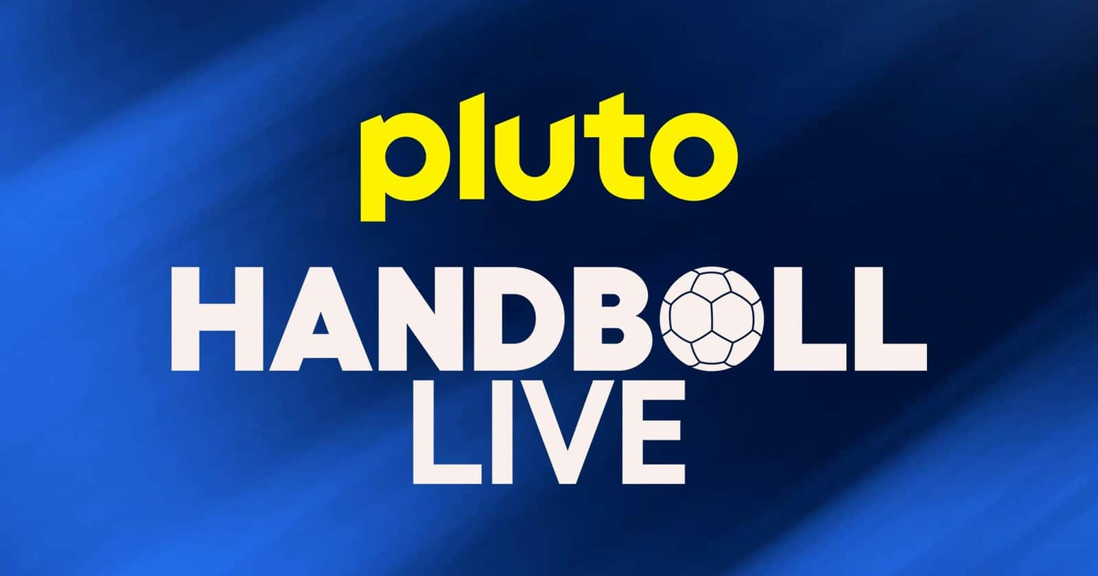 Pluto TV:s logotyp och texten Handboll Live på blå bakgrund