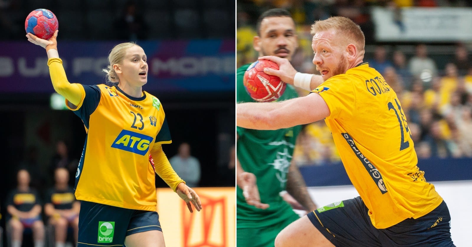 Emma Lindqvist och Jim Gottfridsson i Sveriges gula landslagströja, båda med bollen höjd för skott